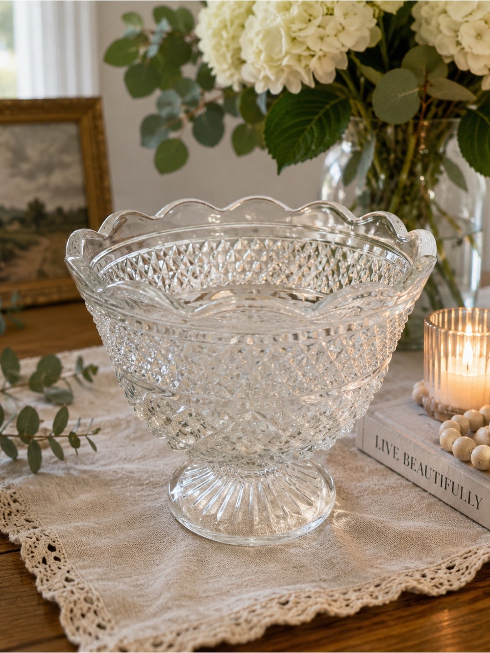 Vintage Clear Pressed Glass Pedestal Compote Bowl